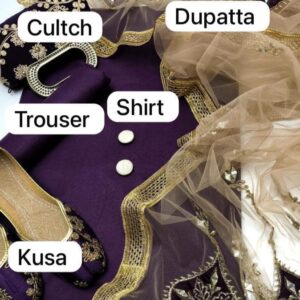 Katan Silk Plain Embroidered Shirt, Trouser, Dupatta, Khussa Pair for Girls