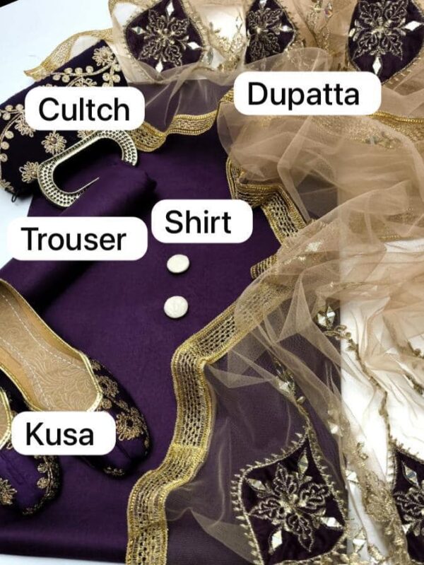 Katan Silk Plain Embroidered Shirt, Trouser, Dupatta, Khussa Pair for Girls