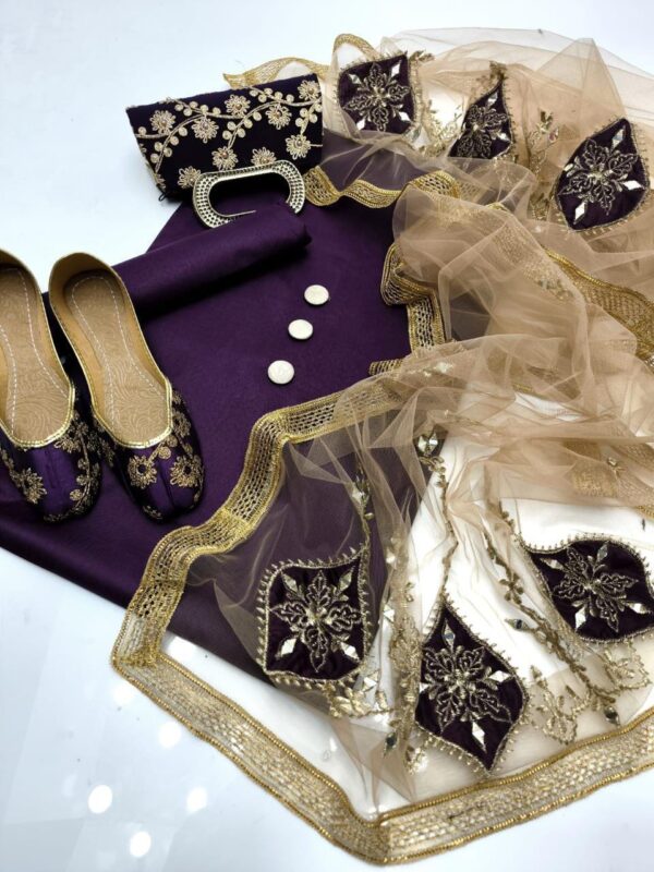 Katan Silk Plain Embroidered Shirt Trouser Dupatta Khussa Pair for Girls